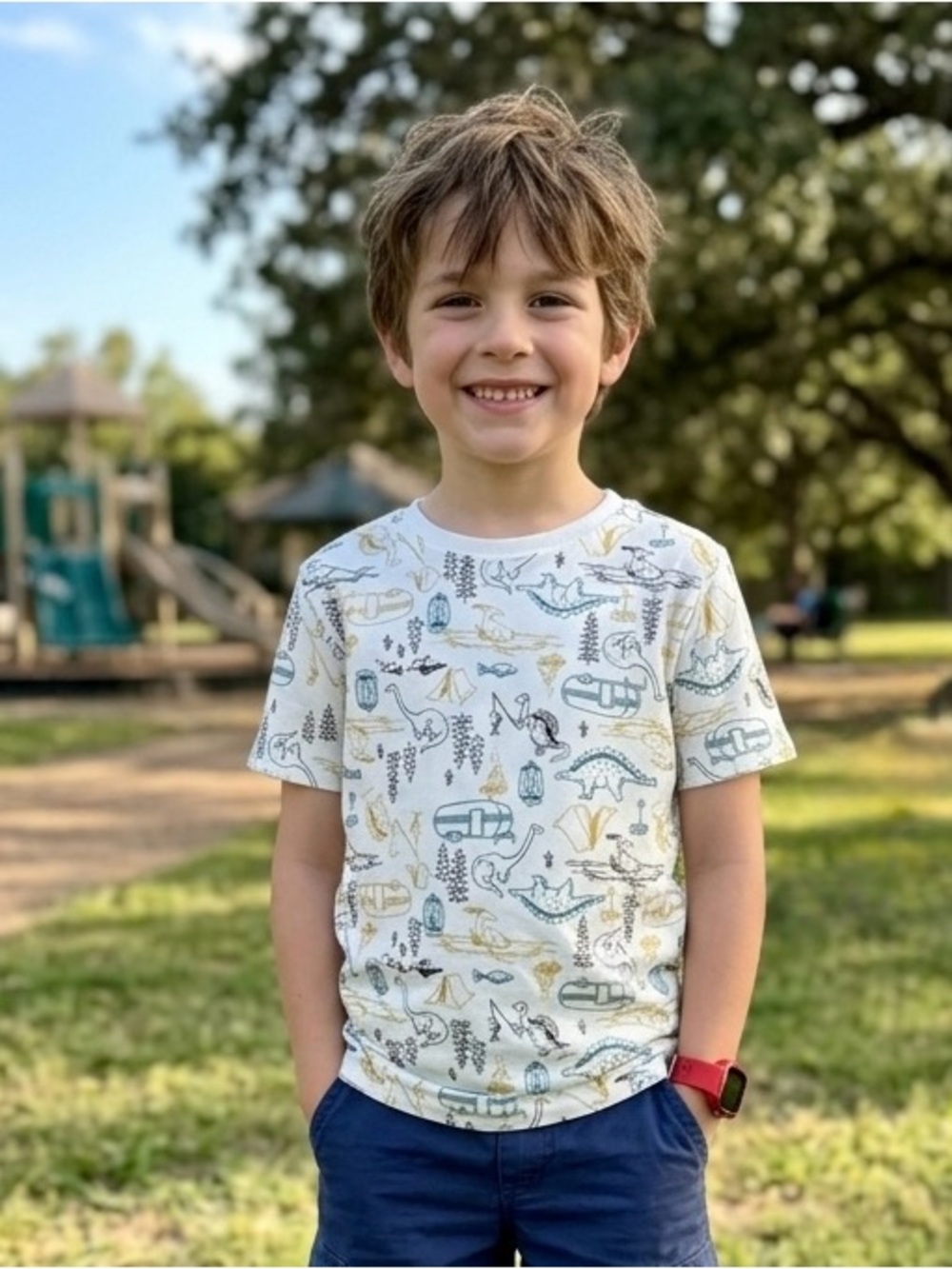 Tommy Bahama Boys M 7-8 Dinosaur Camping Graphic T-Shirt White Short Sleeve Tee